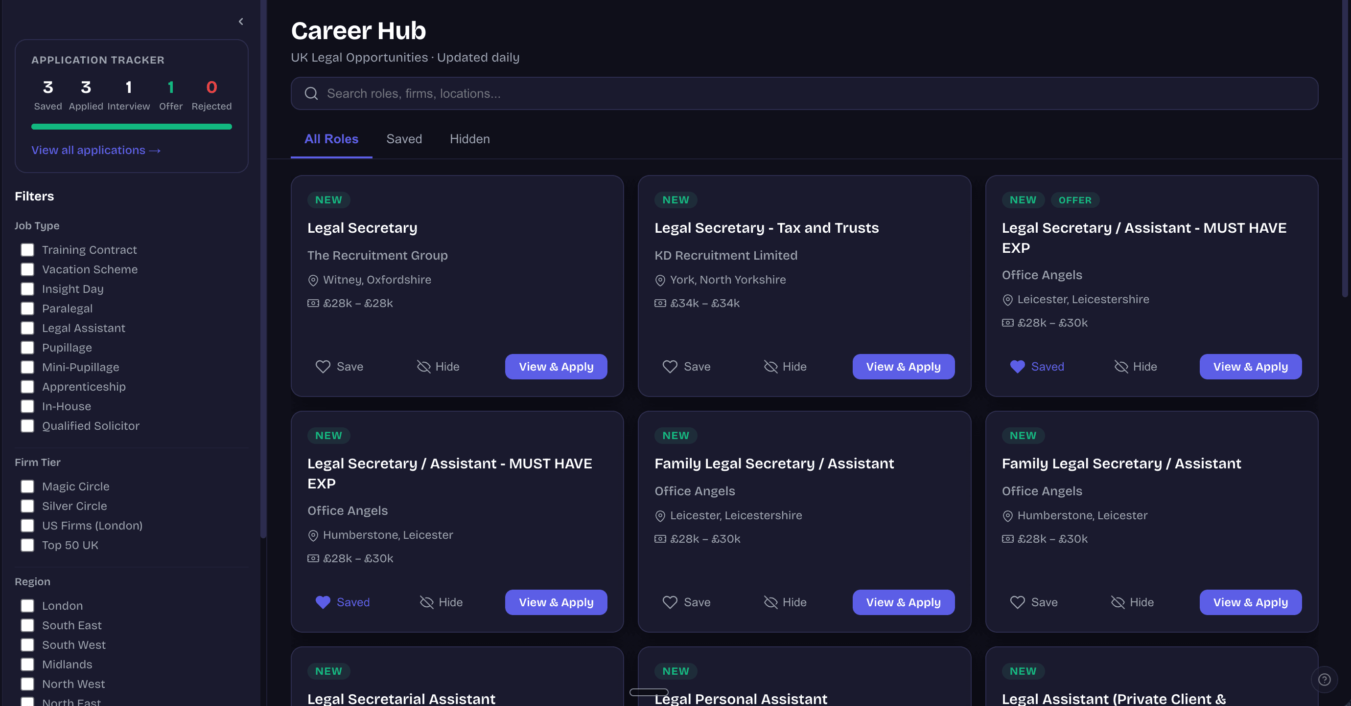 Career Hub showing roles grid and application tracker