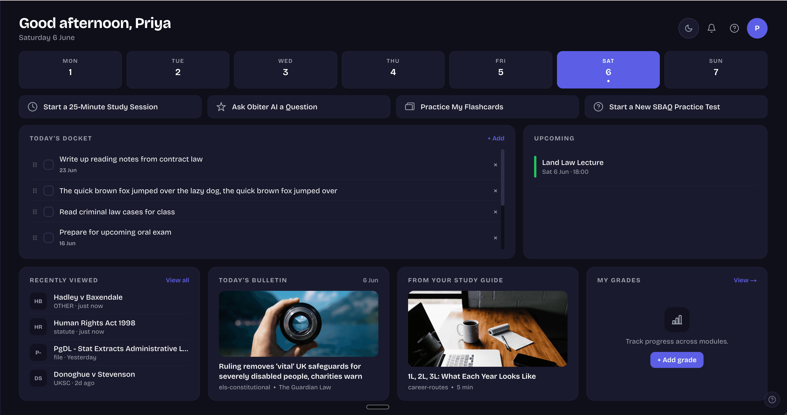 Obiter dashboard with study tools and progress tracking