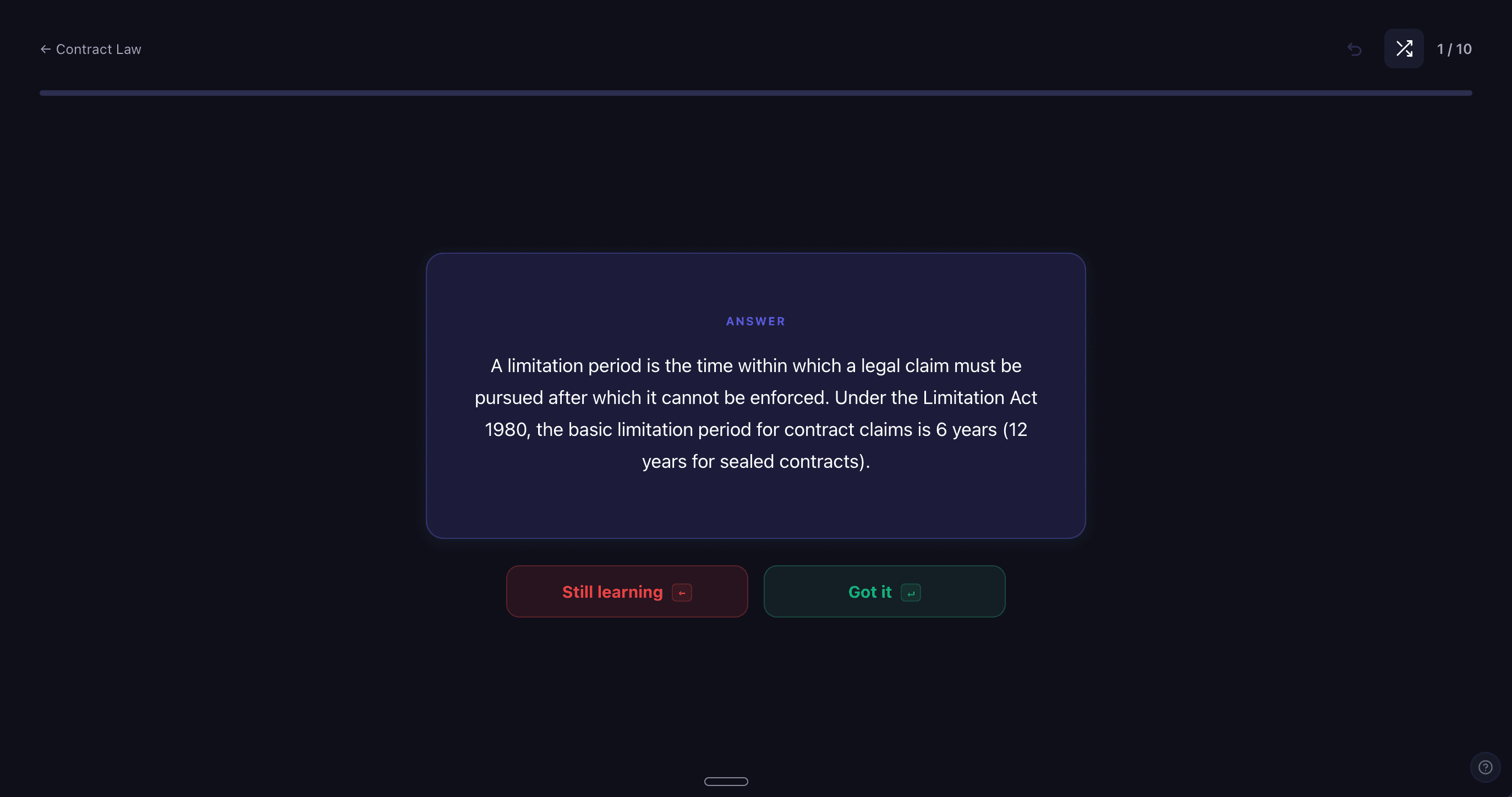 Flashcard study mode showing a contract law question
