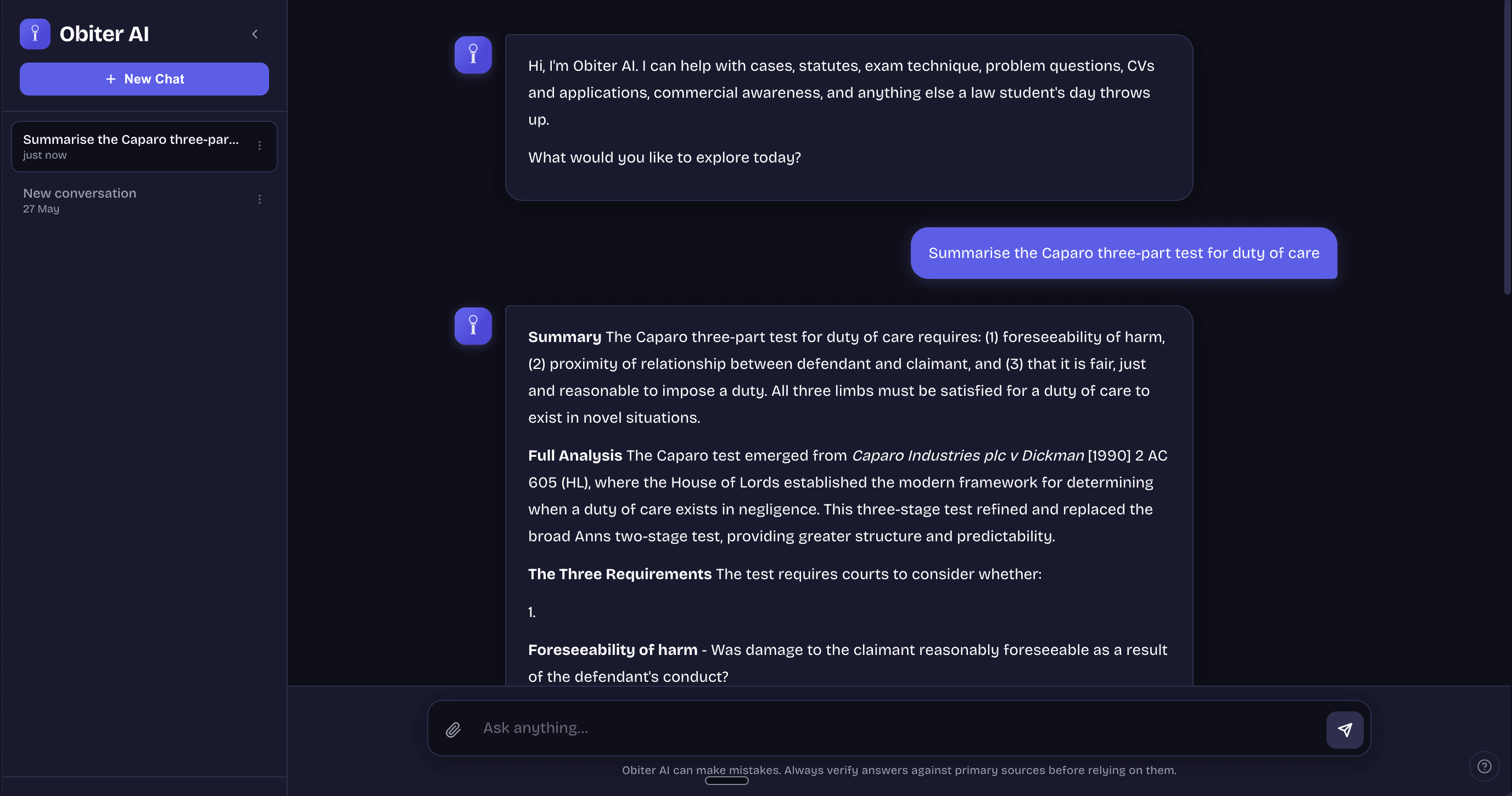 Obiter AI chat with grounded answer and visible citations