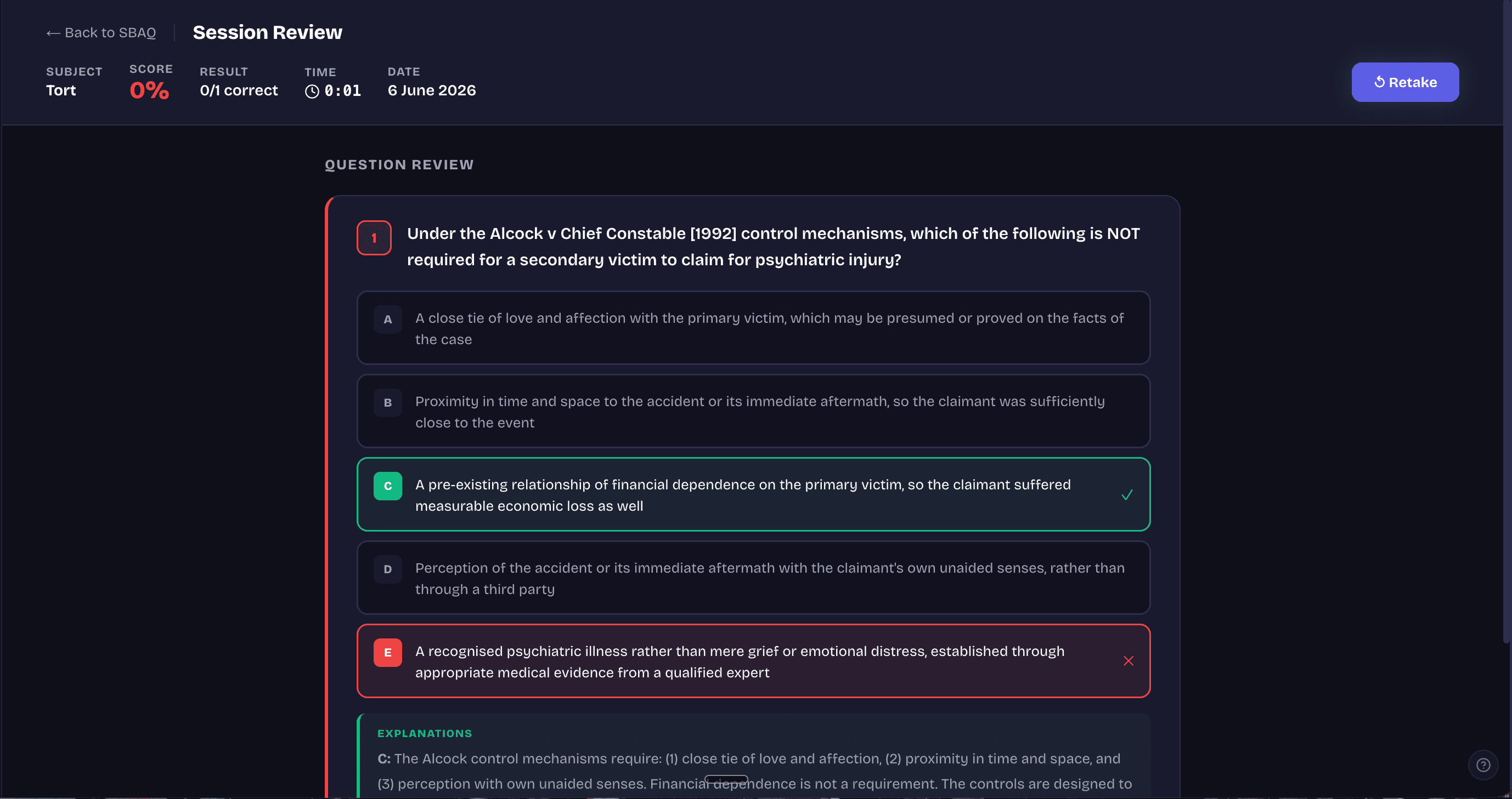 SBAQ practice question showing a criminal law scenario with answer options