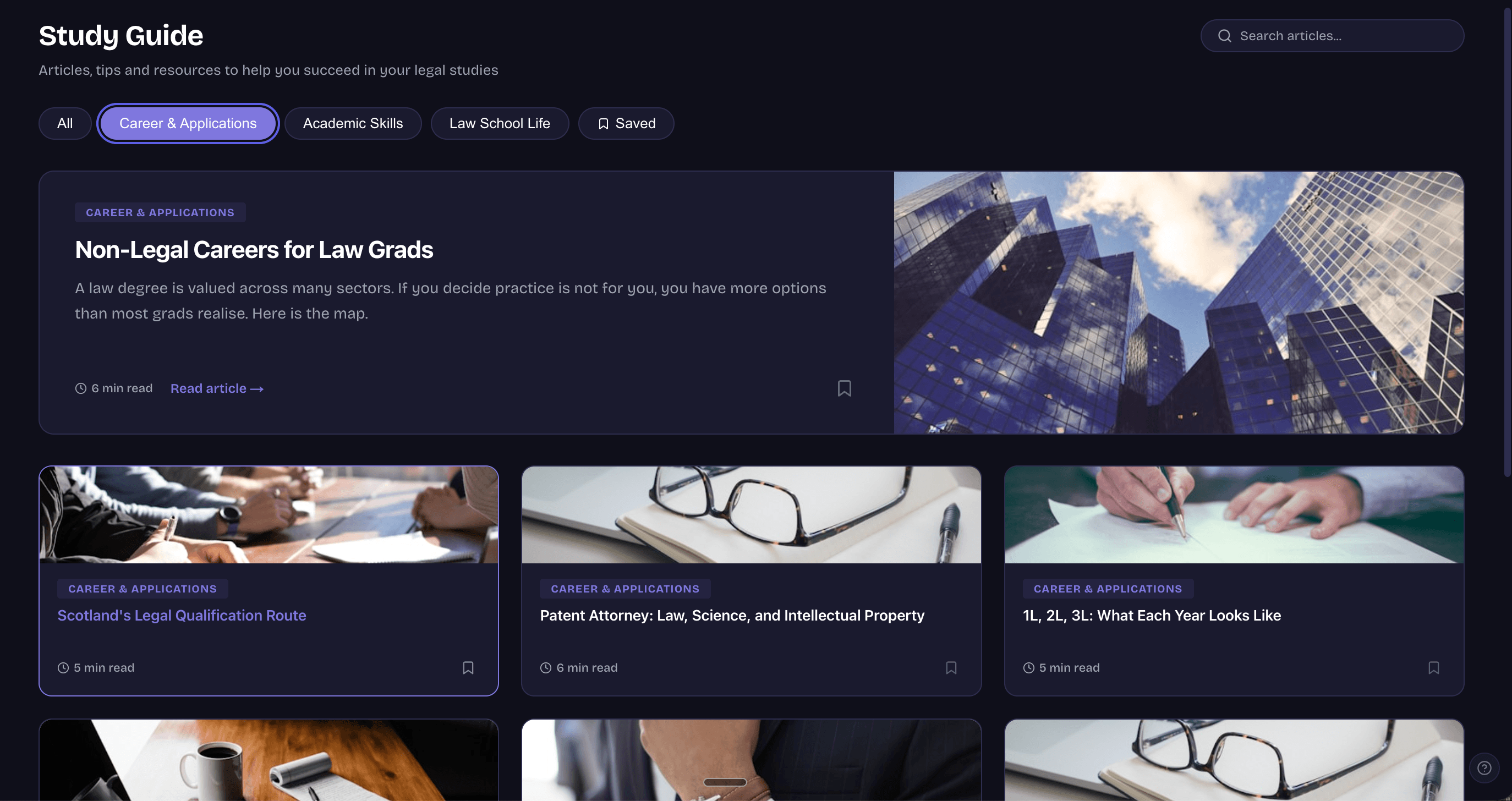 Study Guide showing category tabs and article grid